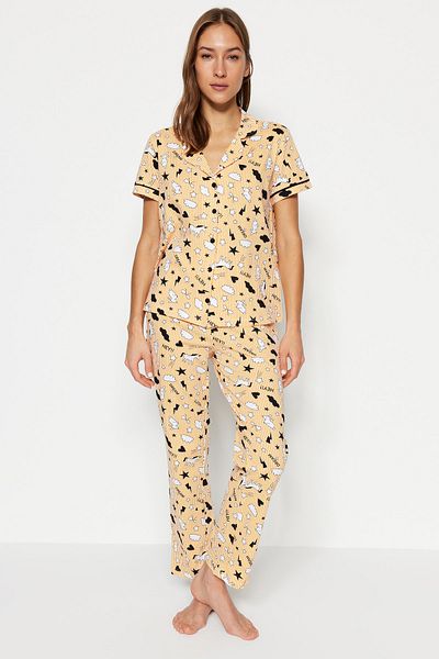 Trendyol Collection Cotton Leisure Patterned Peach Piping Pajamas Set - Thmss19Ip0037