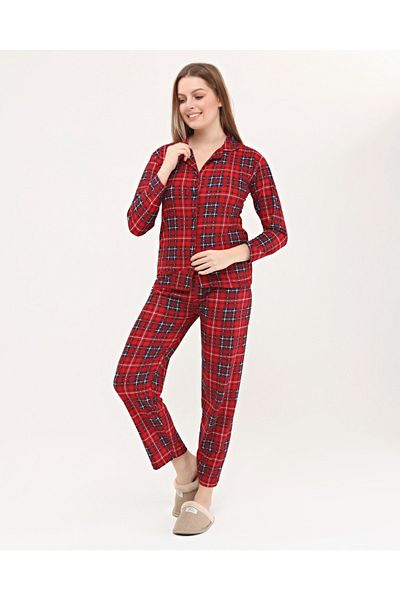 Nehir tekstil Suede Front Buttoned Women's Shirt Pajama Set