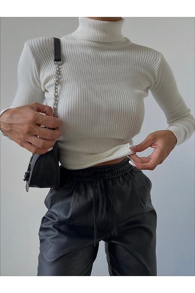 my trendy Pulover cu nervuri din bumbac, jacquard, cu gât roscat