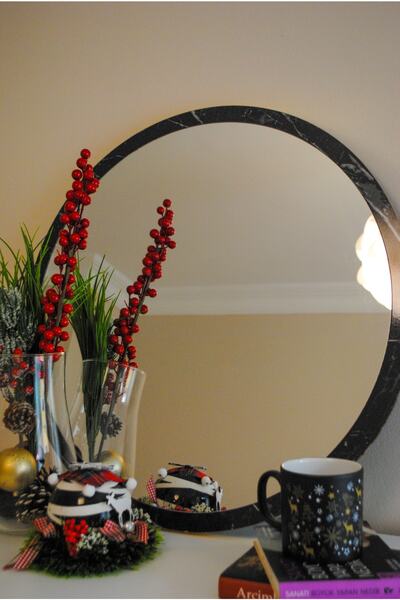 KLT Modüler Ayna Mermer Desenli Dekoratif 60 Cm Yuvarlak Siyah Ayna