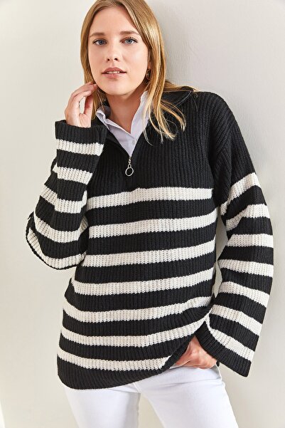 Bianco Lucci Gestreifter Oversize-Strickpullover für Damen mit Reißverschluss
