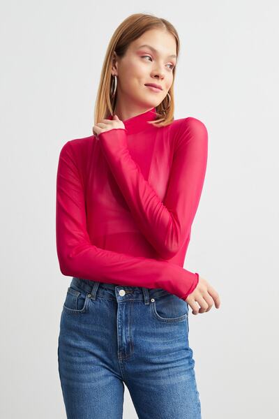 modavingo Women's Fuchsia Tulle Transparent Blouse