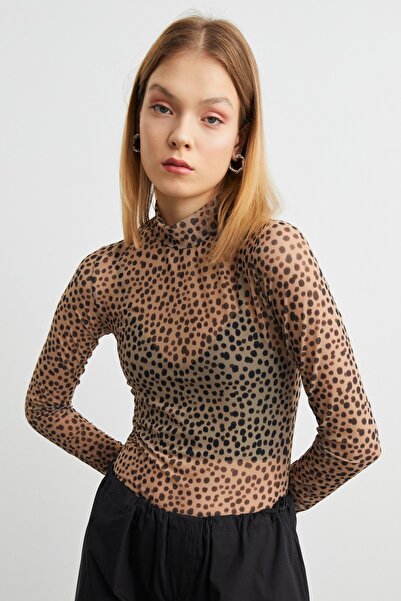 modavingo Kadın Bej Çıta Desenli Tül Transparan Bluz
