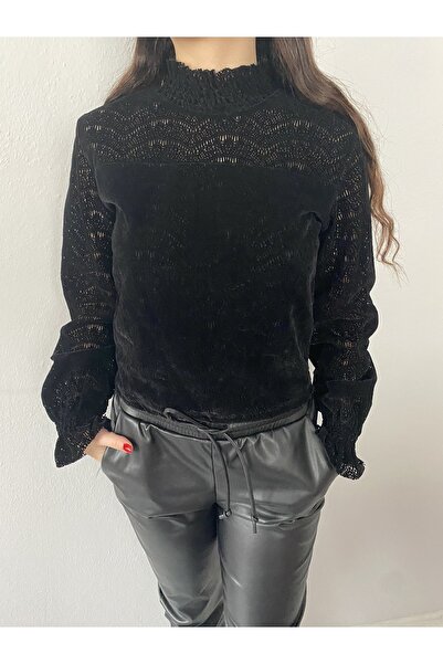 Jeune Femme Kadın Dik Yaka Tül Detaylı Süet Bluz