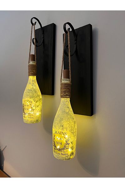 Mes Reves Copy - Stopper Fairy Led Lighted Black Wooden Glass Champagne Bottle Wall Sconce Set of 2