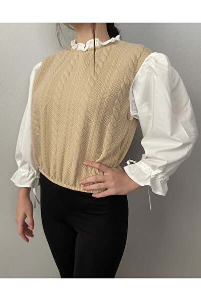 Jeune Femme Kadın Fırfır Yaka Saç Örgü Detaylı Bluz