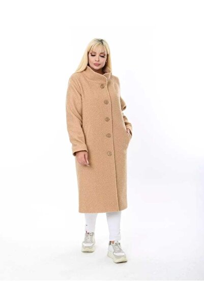Butik Ayseba Kadın Bej Krem Büyük Beden Buklet Keçe Cepli Kaban