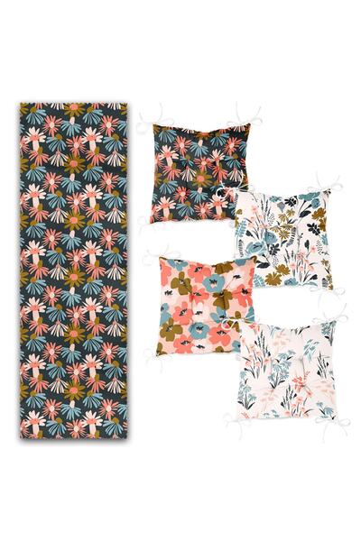 Realhomes Colorful Floral Designed Set of 4 Pouf Chair Cushions and 1 Runner