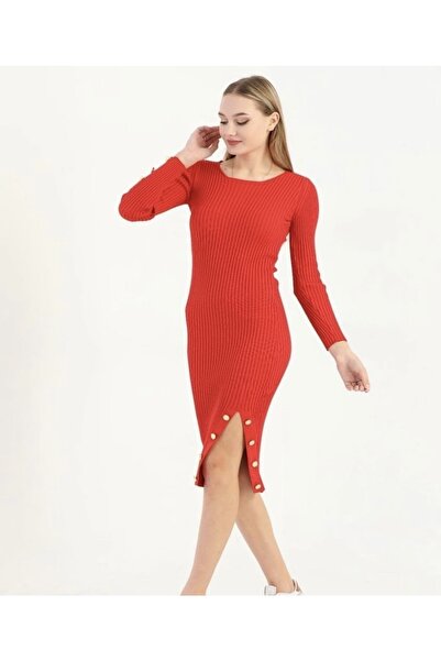 Melissa Kadın Kırmızı Triko Yırtmaçlı Elbise