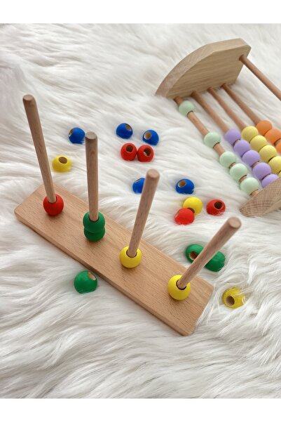 DORU Doğal Organik Ahşap Montessori Oyuncak Renkli Boncuk Dizme Eğitici Zeka Oyunu Bebek Odası Dekor