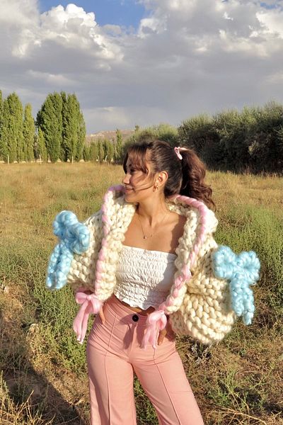 HEYAYS Cotton Candy Hand Knitted Hooded Cardigan