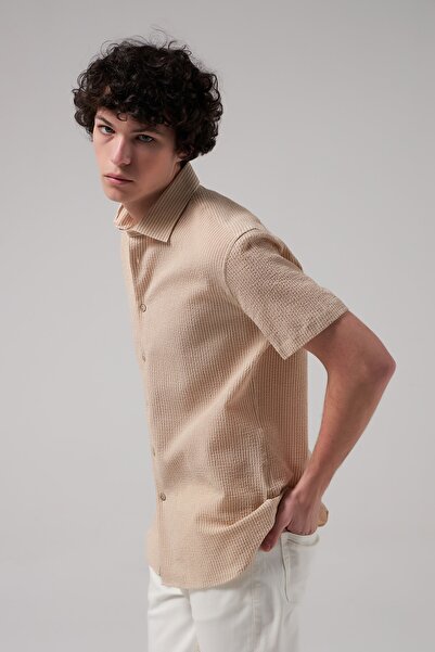 Tween Slim Fit Bej Gofre Gömlek
