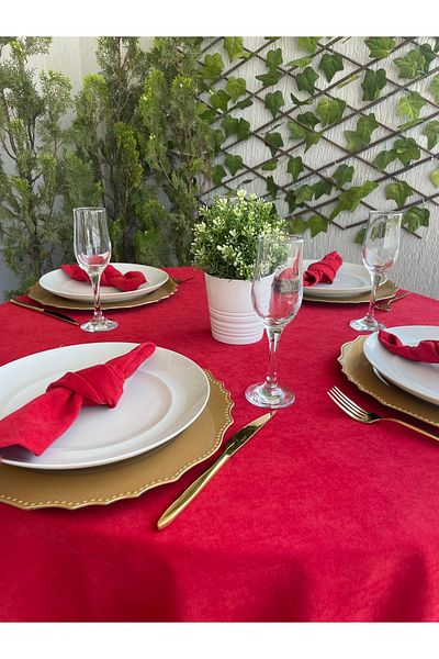 Decamor home Velvet Textured Carefree Red Round Table Cloth