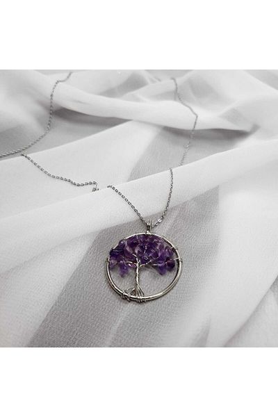 Lavinia Atelier Unisex Purple Amethyst Tree of Life Natural Stone Necklace