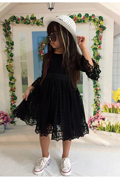 Delfini kids Kız Çoçuk Siyah Şapkalı Güpürlü Prenses Model Elbise