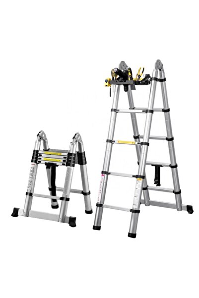 Packtech Çift Yönlü Alüminyum Teleskopik Merdiven | 7+7 Basamak - 4.4 Metre