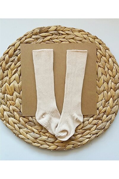 Asa Bebek Çocuk Kız Erkek Bebek Düz Fitilli Bej Diz Altı Çorap Unisex Bebek Ç...