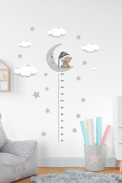 TUGİBU Σετ αυτοκόλλητο τοίχου Baby Room Moon Grey Star Height Meter