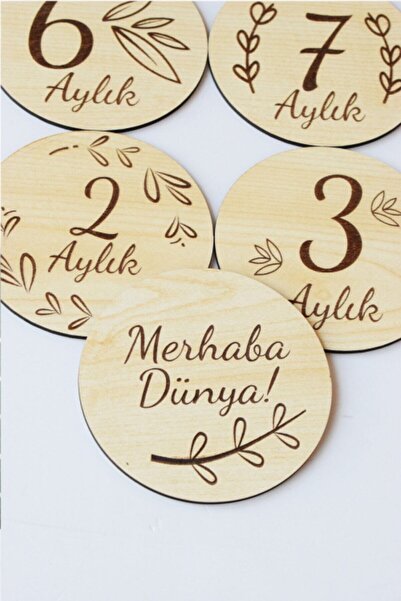 TREND META Ahşap Aylık Plak Seti 12 Cm Yenidoğan Hediye Kartları