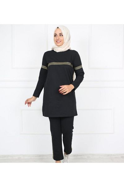CNG MODA Hoodless Black Glitter Hijab Tracksuit Set
