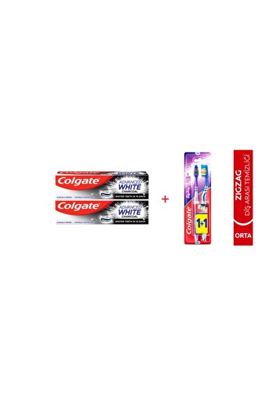 Colgate معجون أسنان الفحم الأبيض المتقدم 2 × 75 مل + مجموعة فرش