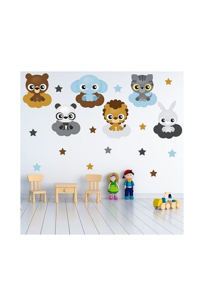 Walldeco Σετ αυτοκόλλητων τοίχου για παιδικό δωμάτιο με χαριτωμένα ζώα, αστέρια και σύννεφα