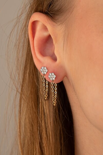 GençTaş Kuyumculuk 14 Ayar Altın Şıkır Şıkır Sallantılı Çiçek Kadın Küpe