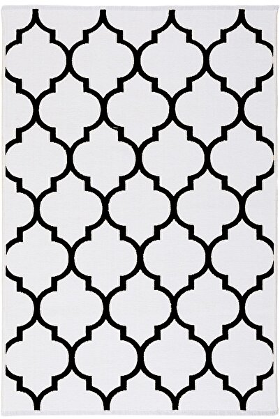 MYHOME HALI Siyah Beyaz Yıkanabilir Çift Taraflı Dokuma Morocco Desenli Halı