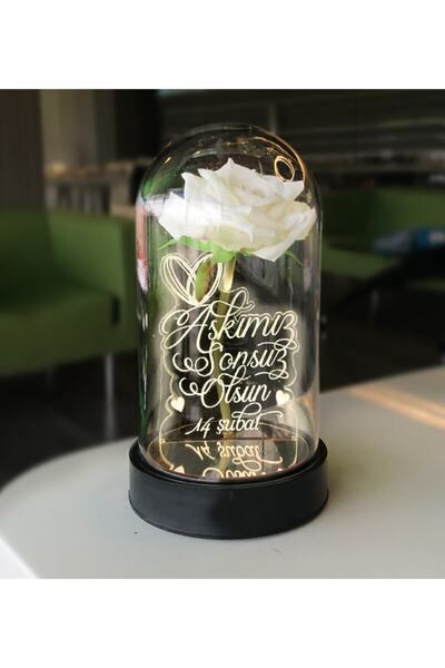 hediye-ci Beyaz Gül Cam Fanus Aşkımız Sonsuz Olsun Yazılı Lamba