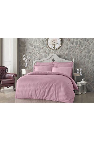 ALTINBAŞAK HOME COLLECTİON Altınbaşak Single Cotton Satin Striped Duvet Cover Set Always Powder