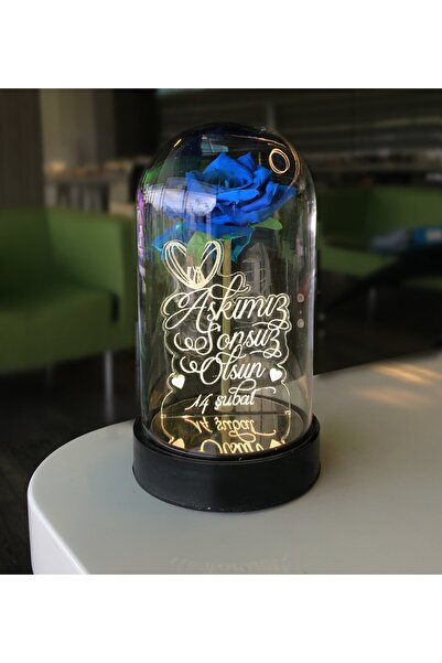 hediye-ci Cam Fanus Aşkımız Sonsuz Olsun Yazılı Lamba Mavi Gül