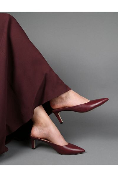 BUTIGMA - Claret Red Leather Pointed Toe Thin Short Heeled Shoes Sandals Slippers - Women