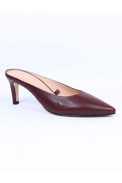 BUTIGMA - Claret Red Leather Pointed Toe Thin Short Heeled Shoes Sandals Slippers - Women