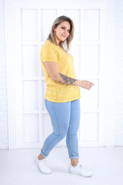 Seamoda Women's Yellow Pineapple Print Oil Washing Plus Size T-Shirt