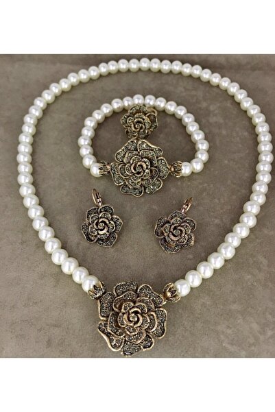 Aşina Gümüş Yeni Yıl Hediyesi Elmas Montur Gül Inci Set Gerdanlık Kolye Set S...