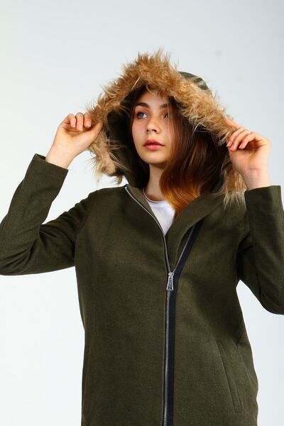 Collezione Haki Kapişonu Kürklü Yan Fermuarlı Kaşe Kadın Kaban