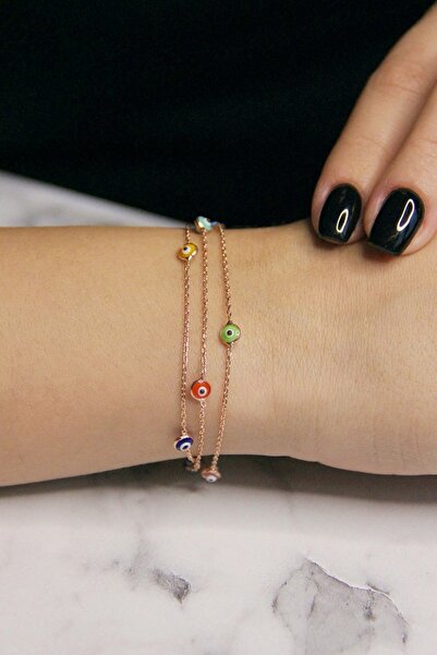 Argentum Concept 925 Ayar Gümüş Renkli Nazar Boncuklu Çok Zincirli Bileklik -...