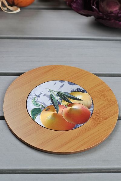EVİMİX Fame Kitchen 3 Pieces Bamboo Round Decorated Trivet
