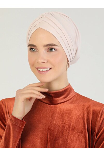 Mervin Şal Cross Three-Striped Ready-Made Turban - Beige - 45 -