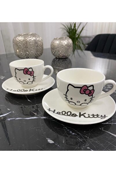TEBAK COLLECTION 2 Kişilik Pembe Hello Kitty Desenli Porselen Türk Kahve Fincanı