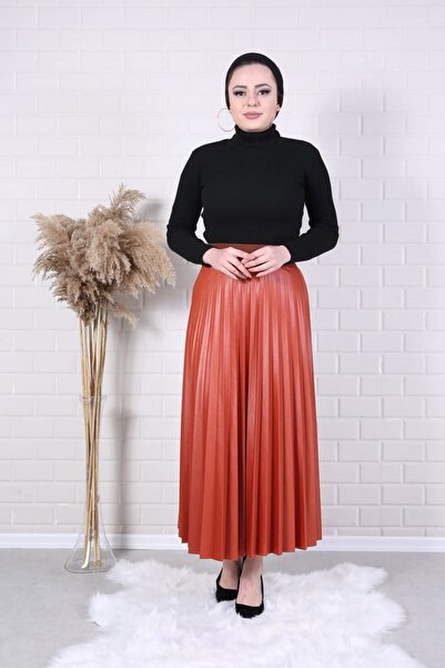 Essah Moda Kadın Deri Görünümlü Beli Lastikli Piliseli Turuncu Etek - Me000263