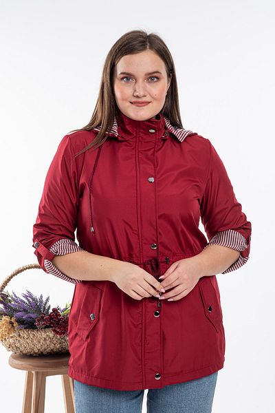 HEPSİKADIN Women's Burgundy Hooded Plus Size Trench Coat with Gathered Waist Detail