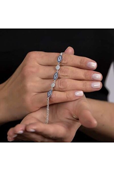 Tesbihane Mavi-beyaz Zirkon Taşlı Oval Tasarım 925 Ayar Gümüş Su Yolu Kadın Bileklik