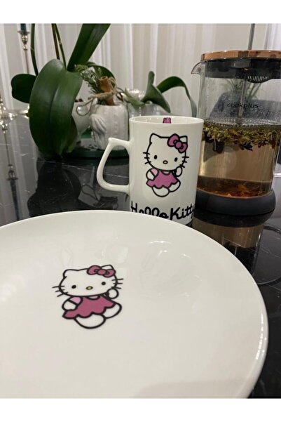 TEBAK COLLECTION Tek Kişilik Hello Kitty Desenli Porselen Tatlı Tabağı Ve Kupa