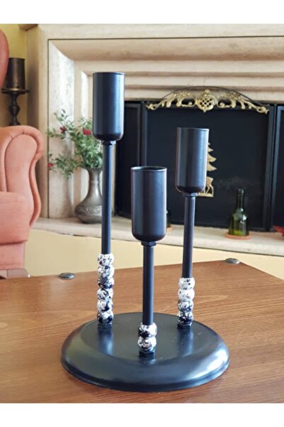 DEDE Üçlü Metal Mumluk Siyah Megalit