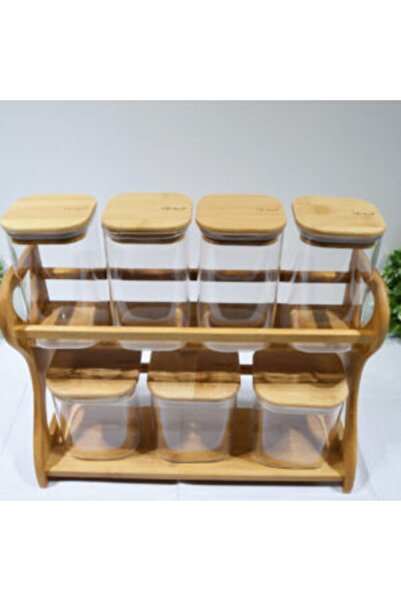 AROW Square Glass Spice Set with Bamboo Stand Bamboo Lid Set of 7