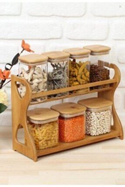 AROW Square Glass Spice Set with Bamboo Stand Bamboo Lid Set of 7