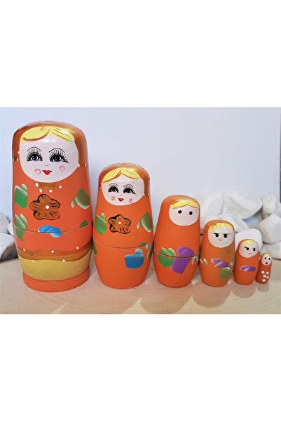 miski alem 6lı Iç Içe Geçen Ahşap Turuncu Matruşka Bebek