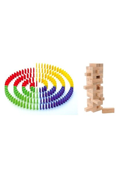 ÇAĞDAŞ Ahşap Renkli Domino 100 Parçalı Ve Ahşap Kule Oyunu Jenga 54 Parça
