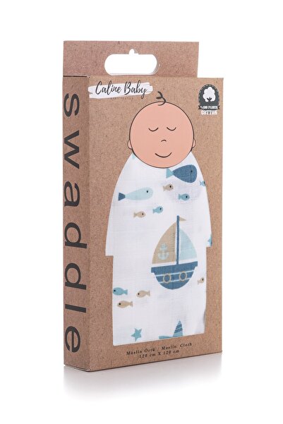 Caline Baby Müslin Bezi Örtü Gemi Desen - Turkuaz 120x120 Cm + 4 Adet Ağız Me...